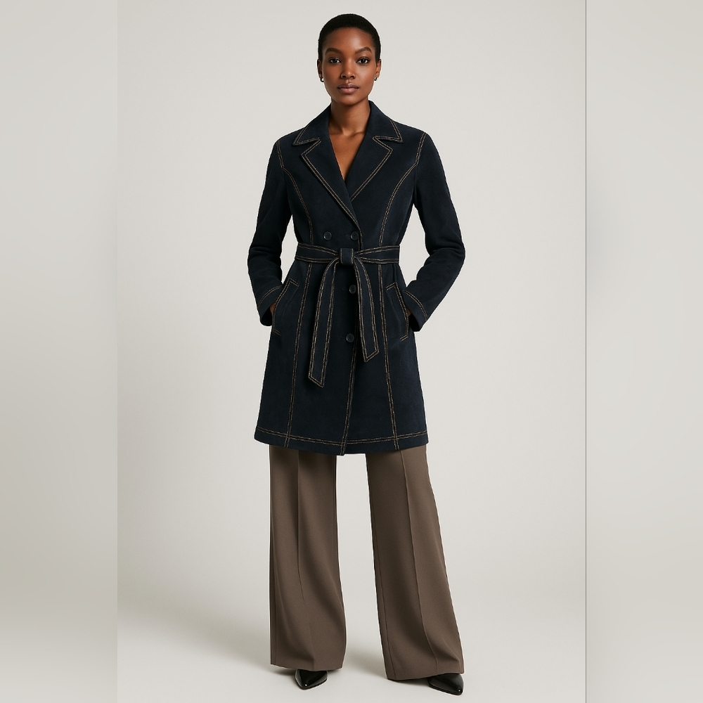 Wilsons Leather Navy Suede Double-Breasted Trench XL
